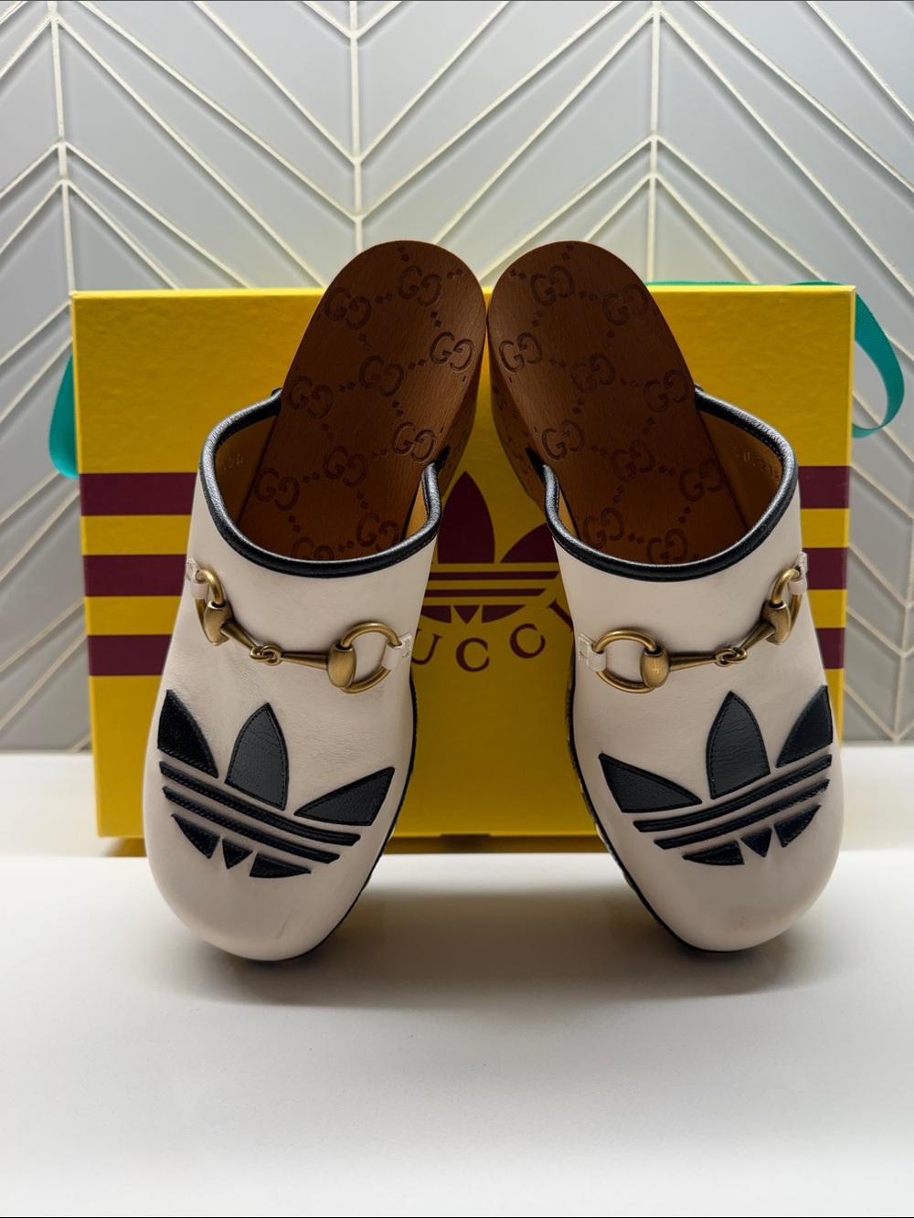 Gucci x Adidas White Leather Women’s Clog with Black Accents and Gold Horsebit